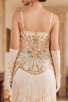 Load image into Gallery viewer, Apricot Bodycon Sparkly Sequin Beaded Tiered Midi 1920s Dress with Fringes