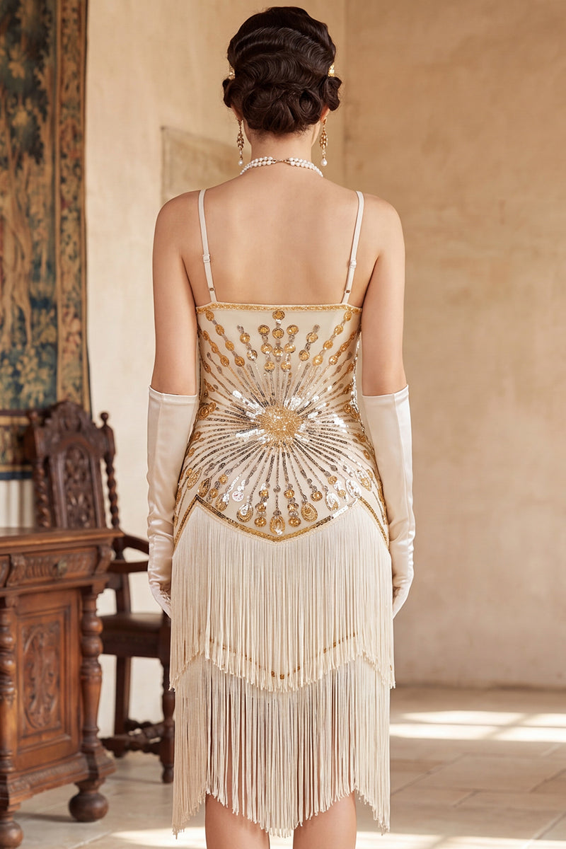 Load image into Gallery viewer, Apricot Bodycon Sparkly Sequin Beaded Tiered Midi 1920s Dress with Fringes