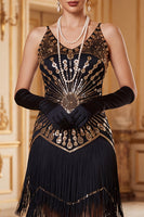 Load image into Gallery viewer, Apricot Bodycon Sparkly Sequin Beaded Tiered Midi 1920s Dress with Fringes