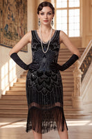 Load image into Gallery viewer, Sparkly Black Bodycon Sequin V-Neck Beaded Midi 1920s Dress with Fringes