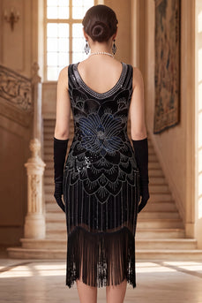Sparkly Black Bodycon Sequin V-Neck Beaded Midi 1920s Dress with Fringes