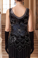 Load image into Gallery viewer, Sparkly Black Bodycon Sequin V-Neck Beaded Midi 1920s Dress with Fringes