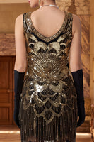 Load image into Gallery viewer, Sparkly Black Bodycon Sequin V-Neck Beaded Midi 1920s Dress with Fringes