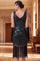Load image into Gallery viewer, Sparkly Black Bodycon Sequin V-Neck Beaded Midi 1920s Dress with Fringes