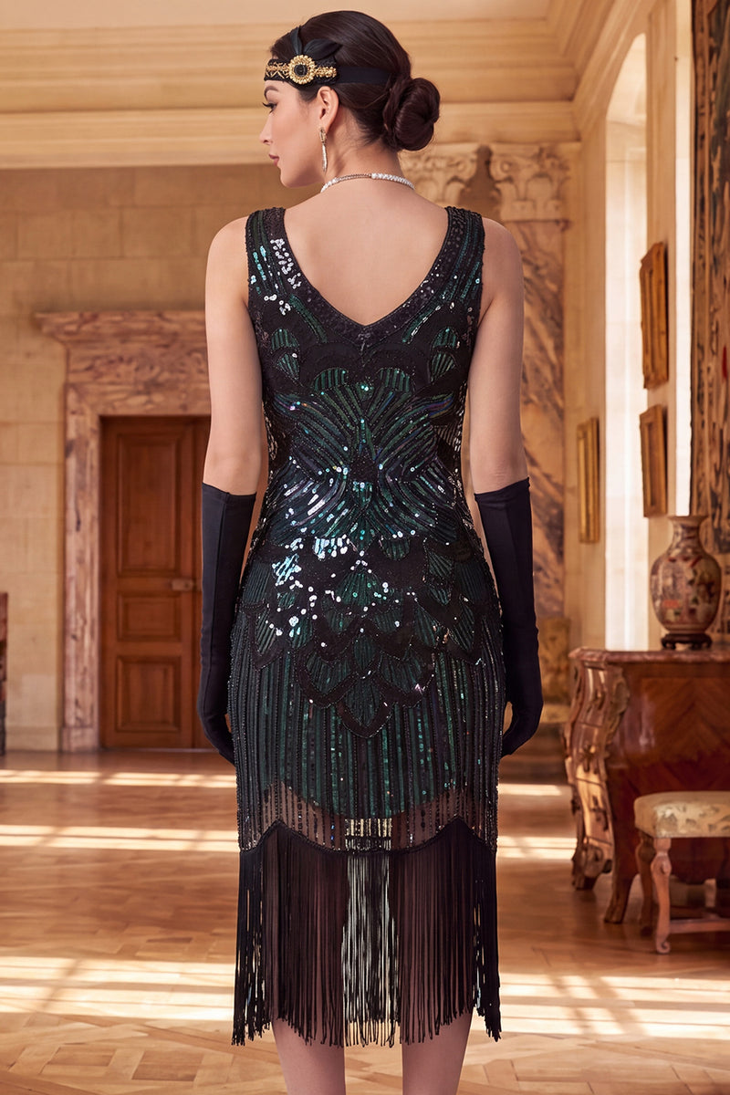 Load image into Gallery viewer, Sparkly Black Bodycon Sequin V-Neck Beaded Midi 1920s Dress with Fringes
