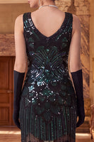 Load image into Gallery viewer, Sparkly Black Bodycon Sequin V-Neck Beaded Midi 1920s Dress with Fringes