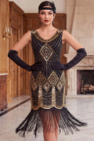 Load image into Gallery viewer, Black Golden V-Neck Bodycon Sparkly Sequins Midi 1920s Dress with Fringes