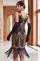 Load image into Gallery viewer, Black Golden V-Neck Bodycon Sparkly Sequins Midi 1920s Dress with Fringes