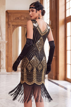 Black Golden V-Neck Bodycon Sparkly Sequins Midi 1920s Dress with Fringes