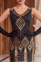 Load image into Gallery viewer, Black Golden V-Neck Bodycon Sparkly Sequins Midi 1920s Dress with Fringes