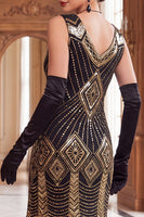 Load image into Gallery viewer, Black Golden V-Neck Bodycon Sparkly Sequins Midi 1920s Dress with Fringes