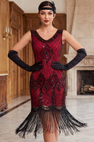 Load image into Gallery viewer, Black Golden V-Neck Bodycon Sparkly Sequins Midi 1920s Dress with Fringes