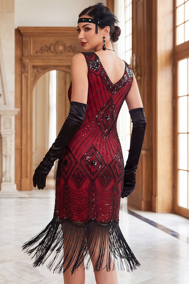 Load image into Gallery viewer, Black Golden V-Neck Bodycon Sparkly Sequins Midi 1920s Dress with Fringes