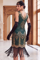 Load image into Gallery viewer, Black Golden V-Neck Bodycon Sparkly Sequins Midi 1920s Dress with Fringes