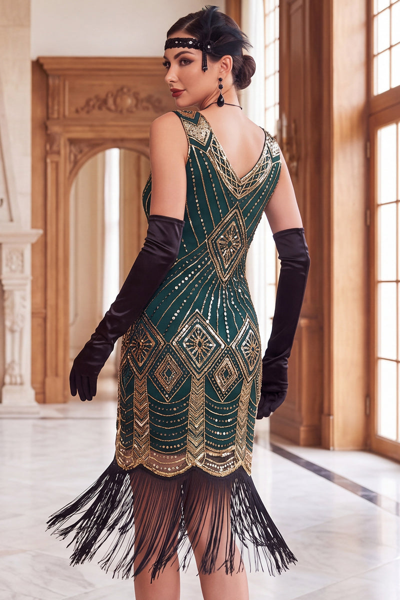 Load image into Gallery viewer, Black Golden V-Neck Bodycon Sparkly Sequins Midi 1920s Dress with Fringes
