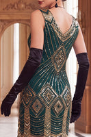 Load image into Gallery viewer, Black Golden V-Neck Bodycon Sparkly Sequins Midi 1920s Dress with Fringes