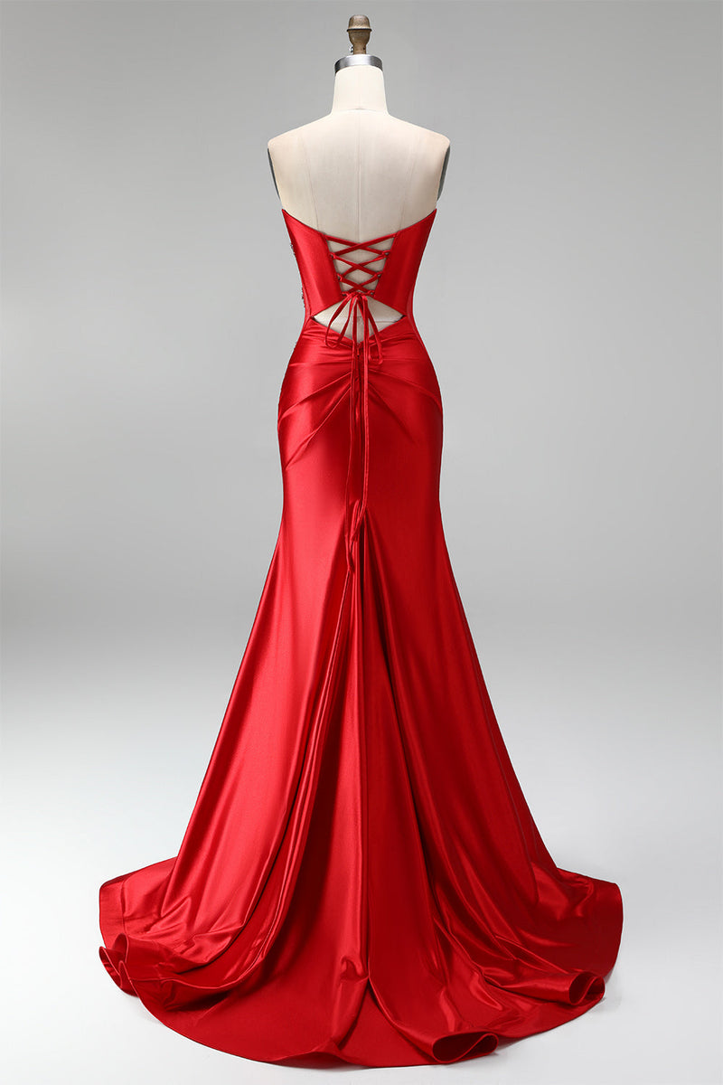 Load image into Gallery viewer, Sparkly Red Sweetheart Beaded Mermaid Ruched Long Prom Dress with Slit
