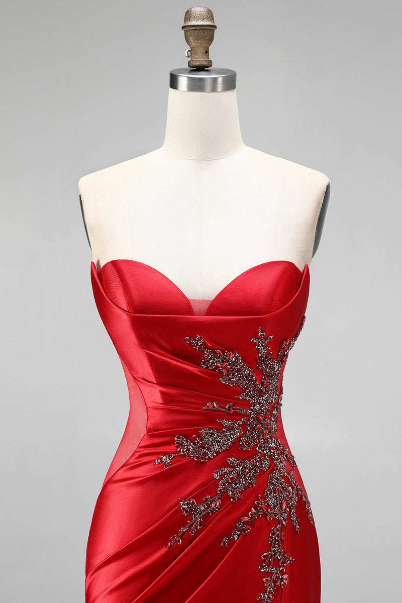 Load image into Gallery viewer, Sparkly Red Sweetheart Beaded Mermaid Ruched Long Prom Dress with Slit