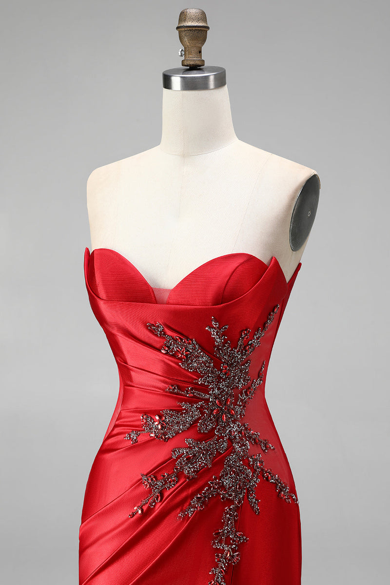 Load image into Gallery viewer, Sparkly Red Sweetheart Beaded Mermaid Ruched Long Prom Dress with Slit