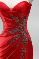 Load image into Gallery viewer, Sparkly Red Sweetheart Beaded Mermaid Ruched Long Prom Dress with Slit