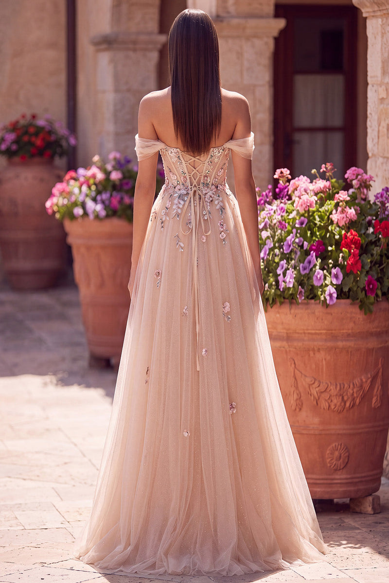 Load image into Gallery viewer, Floral Champagne A Line Off the Shoulder Corset Long Prom Dress with Slit