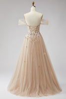Load image into Gallery viewer, Floral Champagne A Line Off the Shoulder Corset Long Prom Dress with Slit