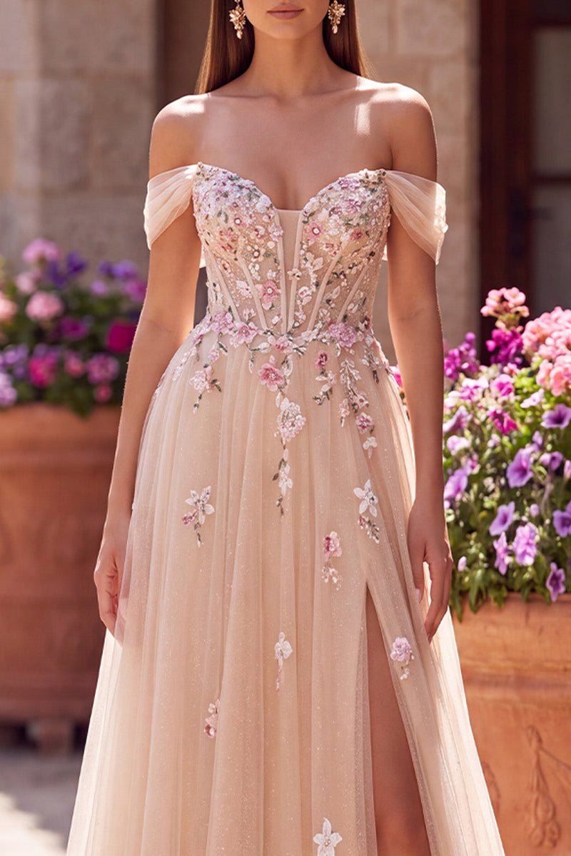 Load image into Gallery viewer, Floral Champagne A Line Off the Shoulder Corset Long Prom Dress with Slit