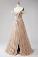 Load image into Gallery viewer, Floral Champagne A Line Off the Shoulder Corset Long Prom Dress with Slit