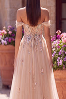 Load image into Gallery viewer, Floral Champagne A Line Off the Shoulder Corset Long Prom Dress with Slit