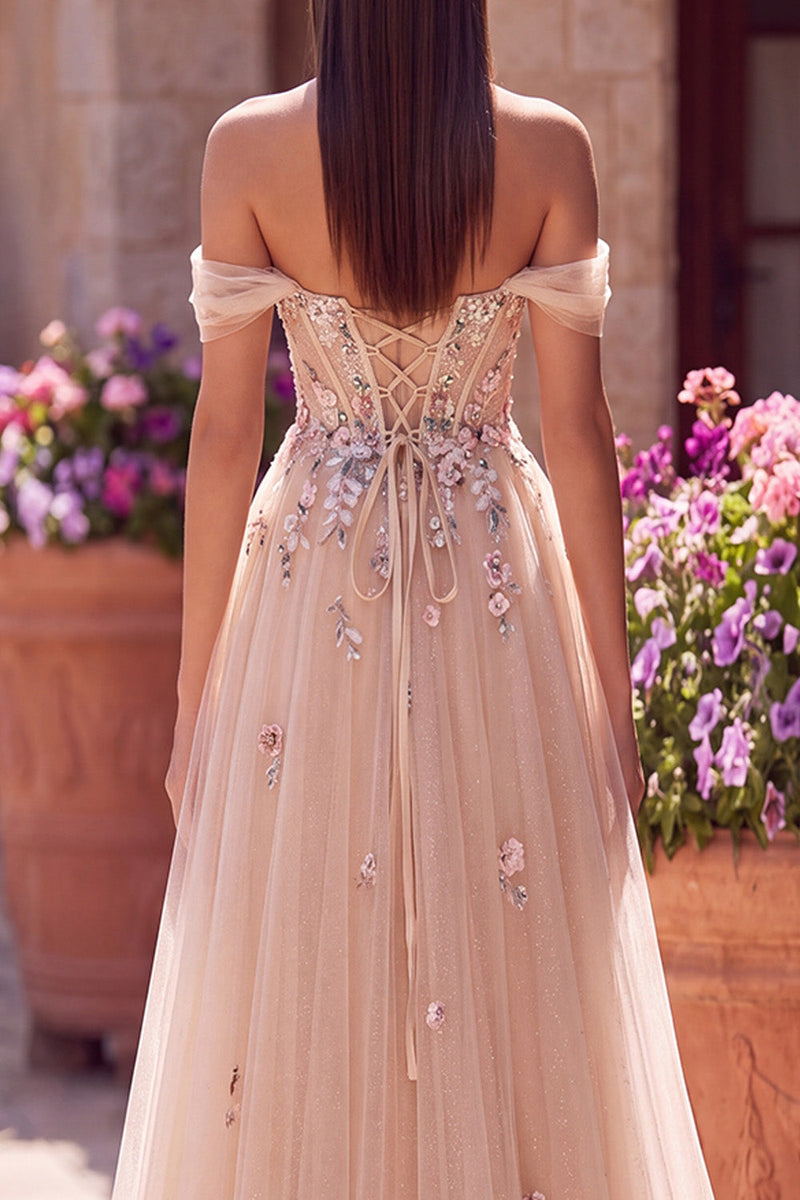 Load image into Gallery viewer, Floral Champagne A Line Off the Shoulder Corset Long Prom Dress with Slit