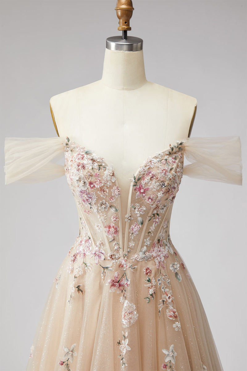 Load image into Gallery viewer, Floral Champagne A Line Off the Shoulder Corset Long Prom Dress with Slit