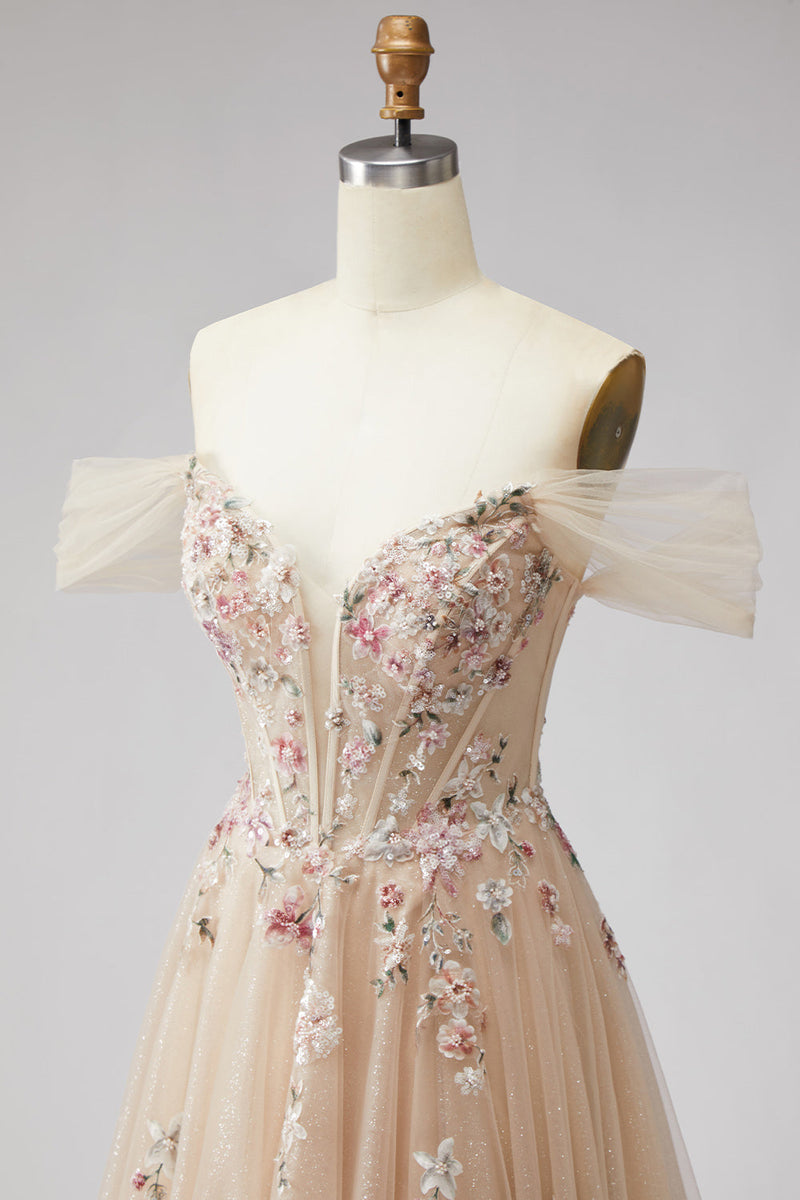 Load image into Gallery viewer, Floral Champagne A Line Off the Shoulder Corset Long Prom Dress with Slit
