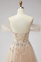 Load image into Gallery viewer, Floral Champagne A Line Off the Shoulder Corset Long Prom Dress with Slit