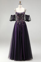 Load image into Gallery viewer, Dark Purple Floral A-Line Sparkly Corset Long Prom Dress with Sequins