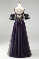Load image into Gallery viewer, Dark Purple Floral A-Line Sparkly Corset Long Prom Dress with Sequins