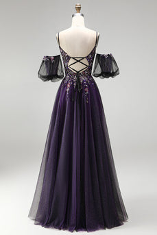 Dark Purple Floral A-Line Sparkly Corset Long Prom Dress with Sequins