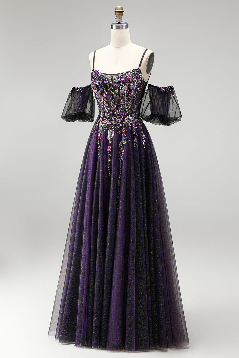 Load image into Gallery viewer, Dark Purple Floral A-Line Sparkly Corset Long Prom Dress with Sequins