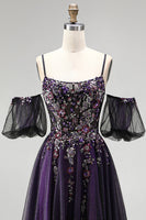 Load image into Gallery viewer, Dark Purple Floral A-Line Sparkly Corset Long Prom Dress with Sequins