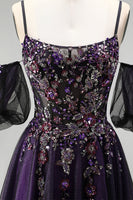 Load image into Gallery viewer, Dark Purple Floral A-Line Sparkly Corset Long Prom Dress with Sequins