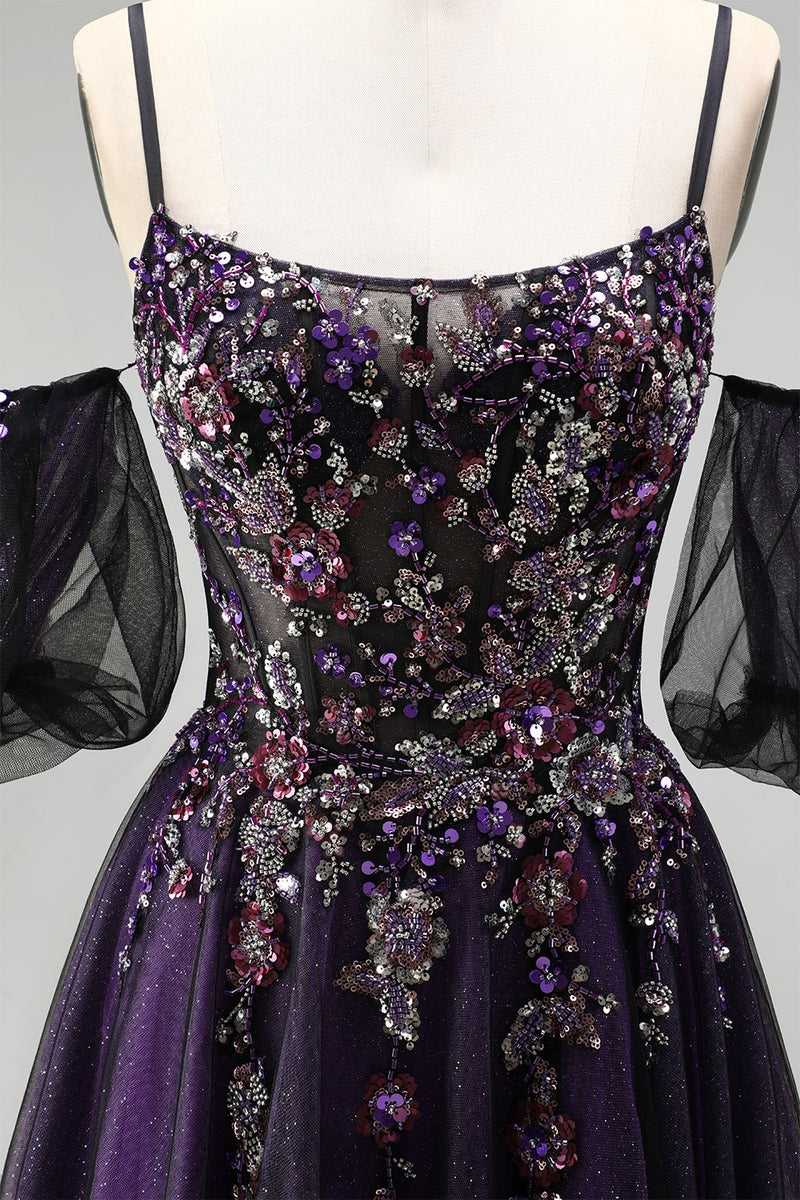 Load image into Gallery viewer, Dark Purple Floral A-Line Sparkly Corset Long Prom Dress with Sequins