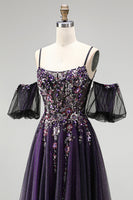 Load image into Gallery viewer, Dark Purple Floral A-Line Sparkly Corset Long Prom Dress with Sequins