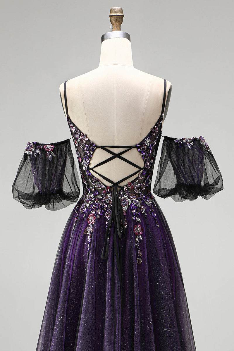 Load image into Gallery viewer, Dark Purple Floral A-Line Sparkly Corset Long Prom Dress with Sequins