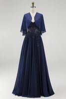 Load image into Gallery viewer, Sparkly Navy 2 Piece Corset A Line Beaded Long Beach Mother of the Bride Dress with Shawl