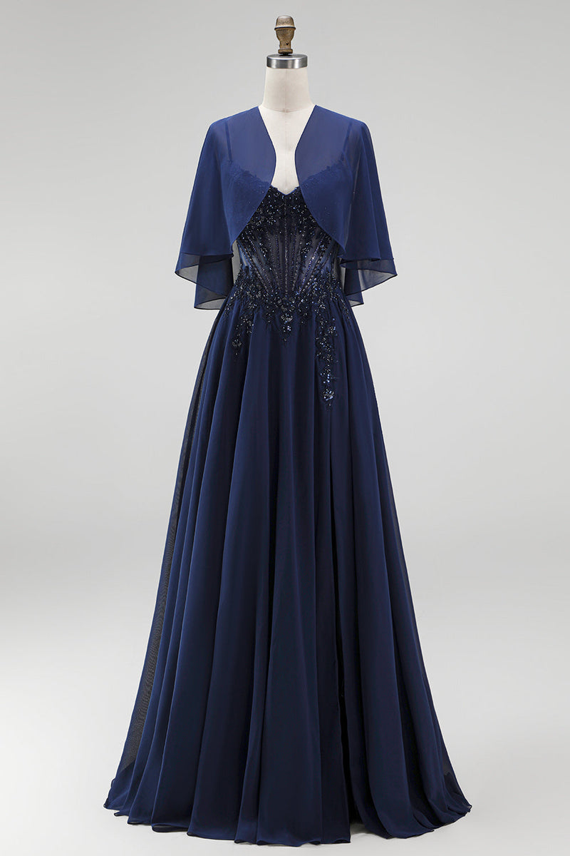Load image into Gallery viewer, Sparkly Navy 2 Piece Corset A Line Beaded Long Beach Mother of the Bride Dress with Shawl