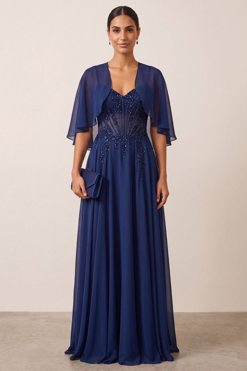 Load image into Gallery viewer, Sparkly Navy 2 Piece Corset A Line Beaded Long Beach Mother of the Bride Dress with Shawl