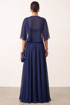 Sparkly Navy 2 Piece Corset A Line Beaded Long Beach Mother of the Bride Dress with Shawl