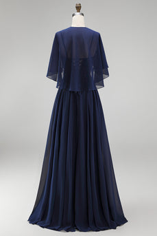 Sparkly Navy 2 Piece Corset A Line Beaded Long Beach Mother of the Bride Dress with Shawl