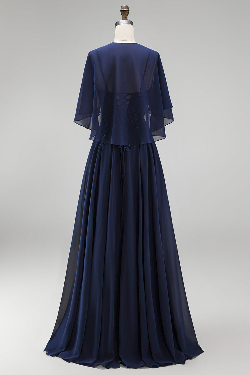 Load image into Gallery viewer, Sparkly Navy 2 Piece Corset A Line Beaded Long Beach Mother of the Bride Dress with Shawl