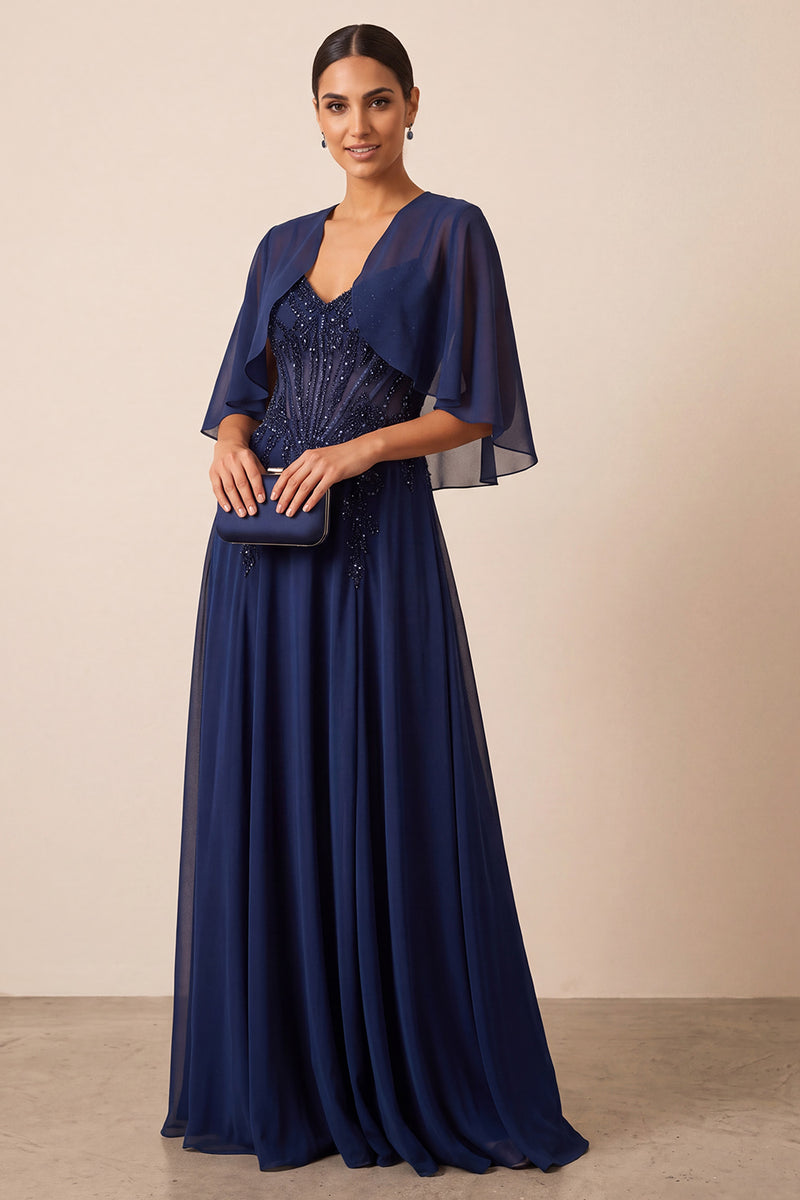 Load image into Gallery viewer, Sparkly Navy 2 Piece Corset A Line Beaded Long Beach Mother of the Bride Dress with Shawl