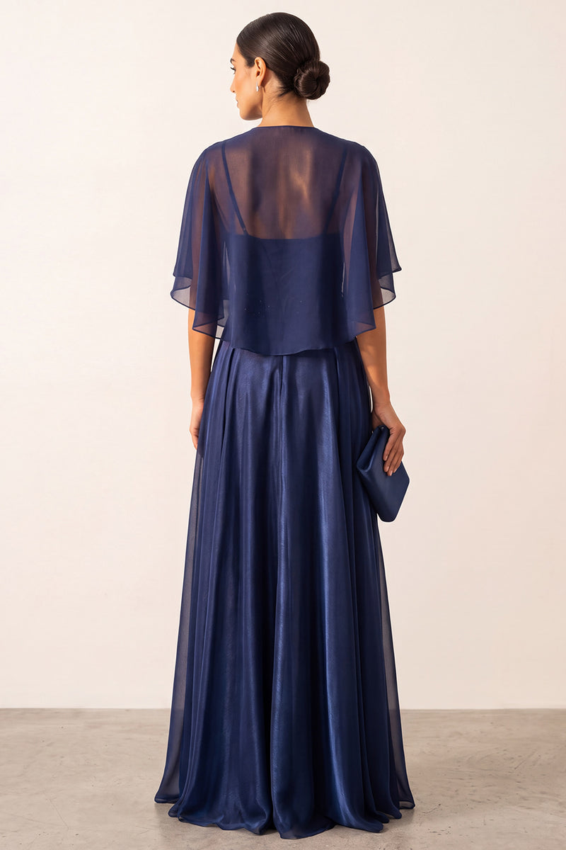 Load image into Gallery viewer, Sparkly Navy 2 Piece Corset A Line Beaded Long Beach Mother of the Bride Dress with Shawl